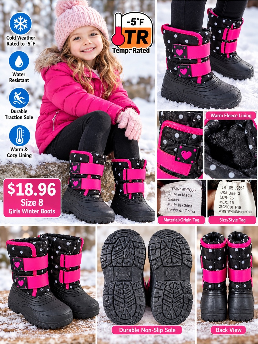 Girls Pink and Black Polka Dot Winter Boots with Warm Fleece Lining